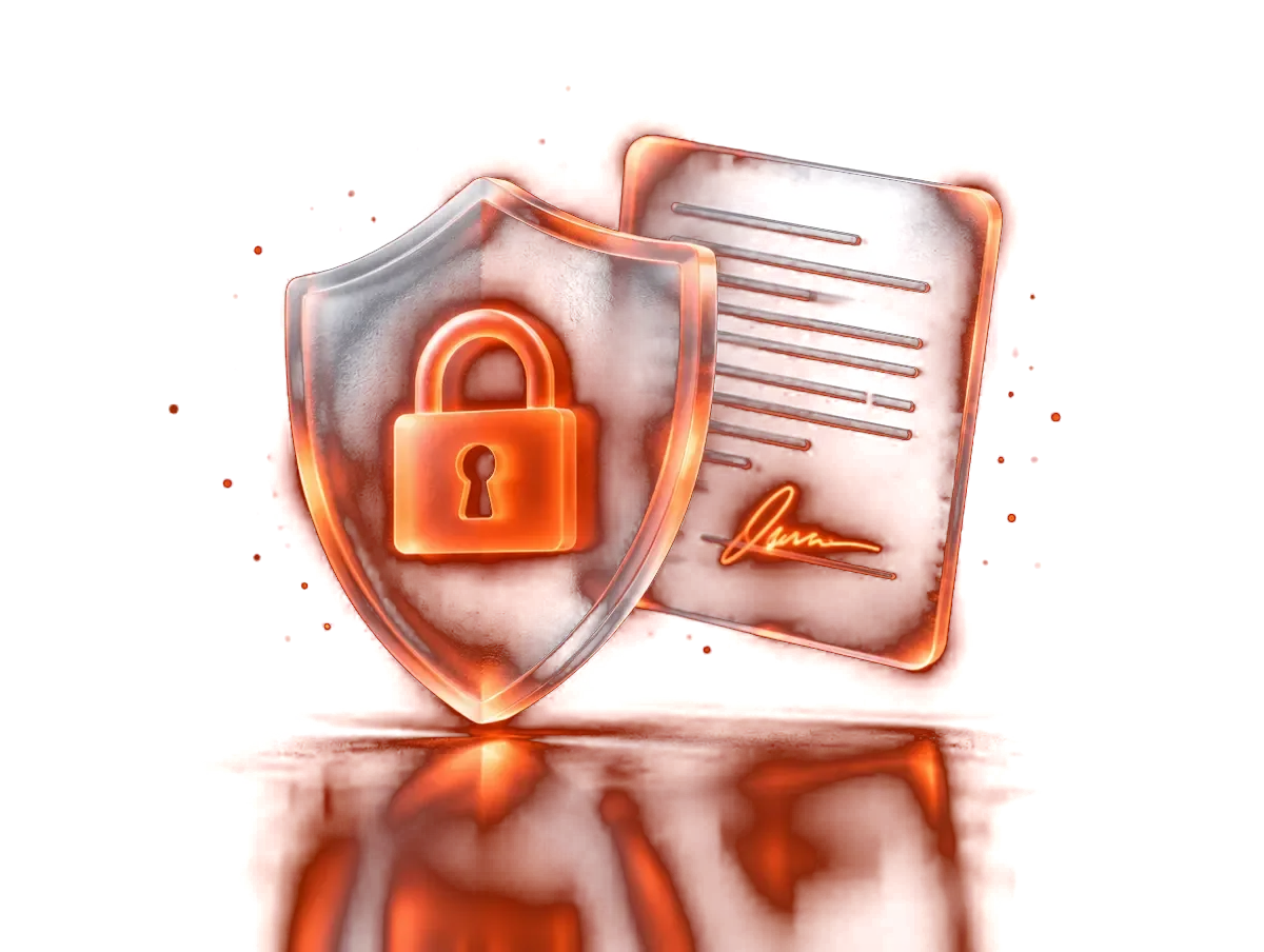 A glass shield with a padlock beside a signed agreement
