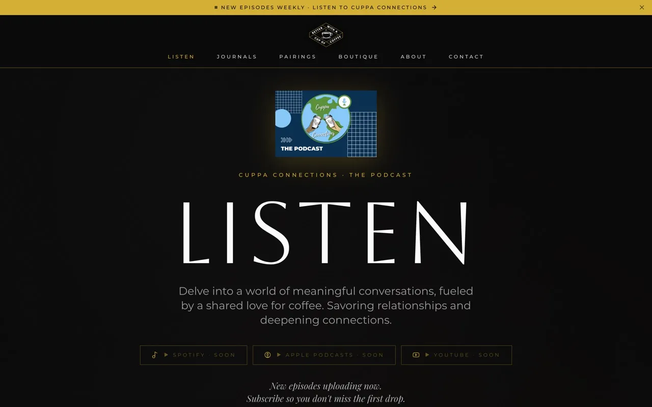 The Listen page, home of the Cuppa Connections podcast with new episodes weekly