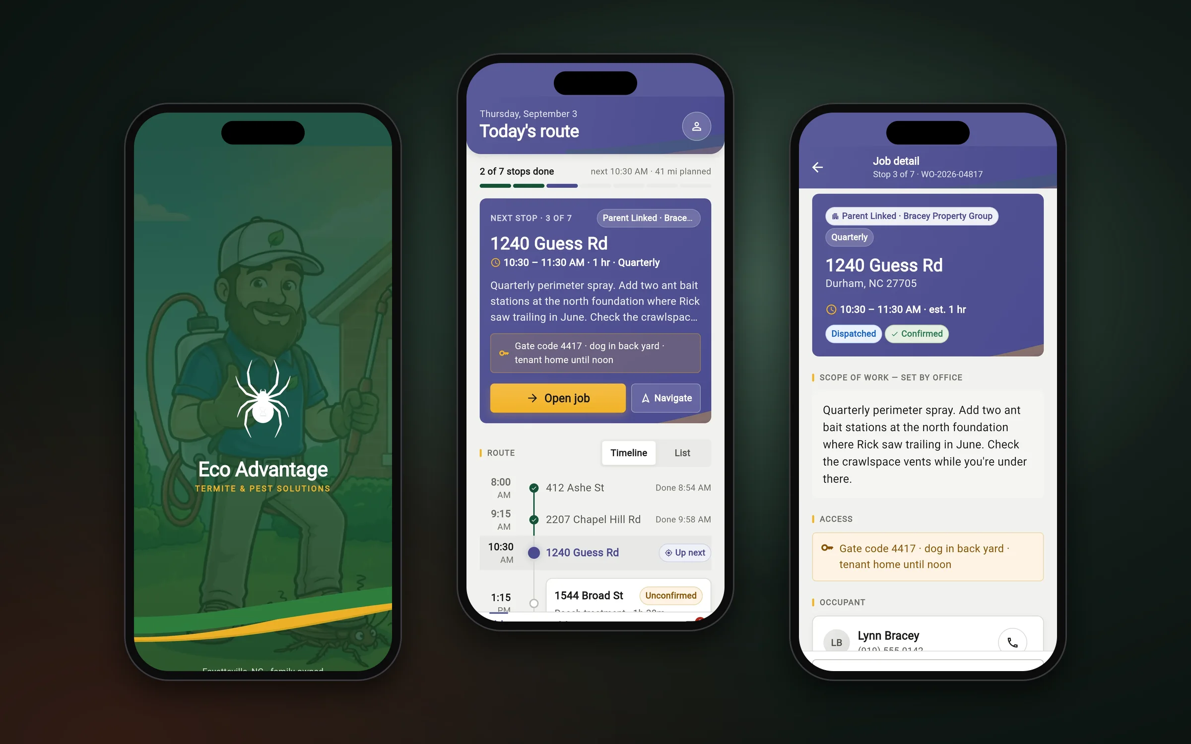 Three Eco Advantage app screens: the spider-mark splash, today's route and a job detail