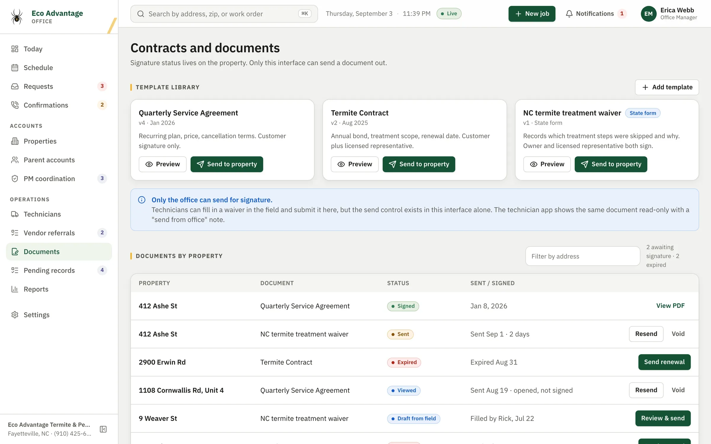 Contracts and documents: templates and signature status by property