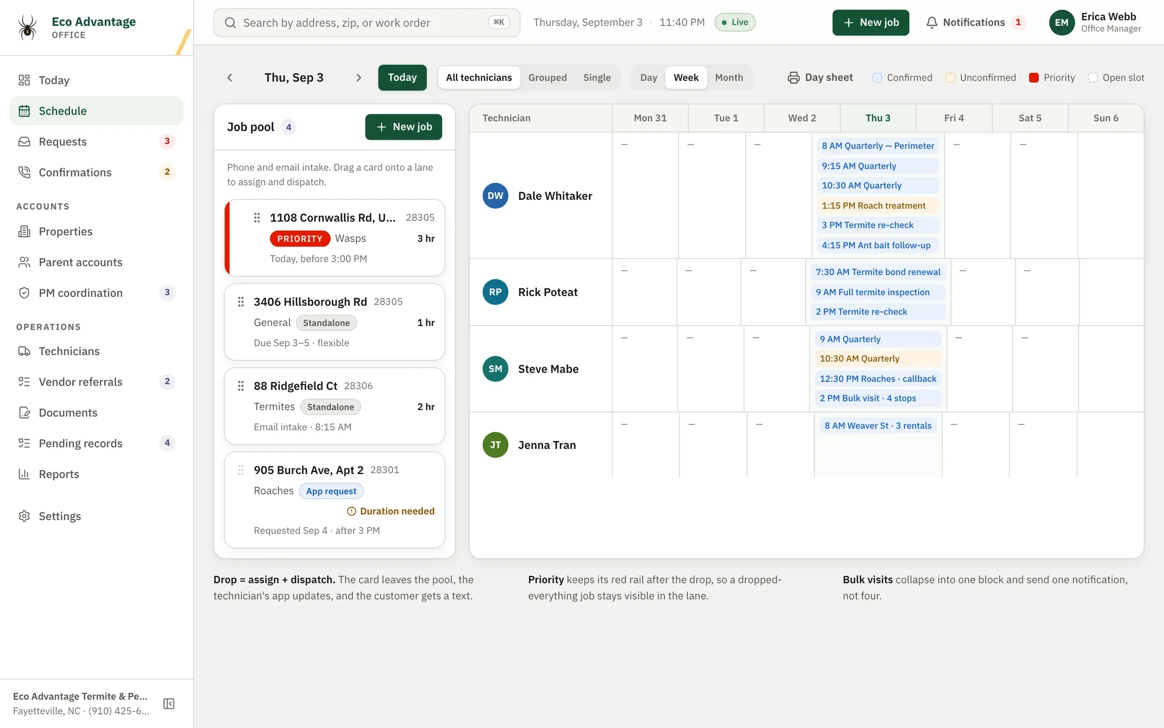 Office schedule in week view, four technician rows with each day's stops