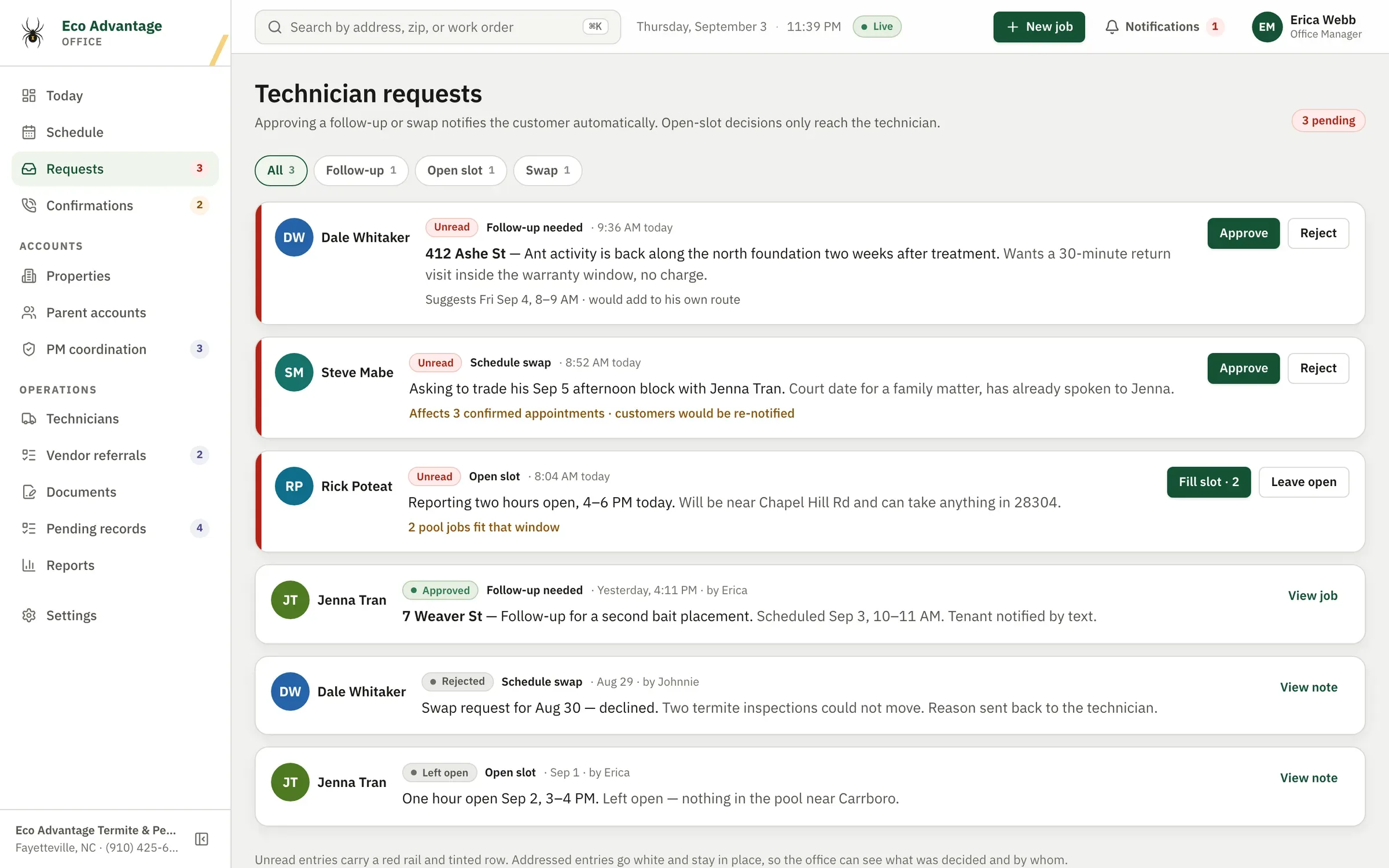 Technician requests inbox with follow-up, swap and open-slot requests to approve