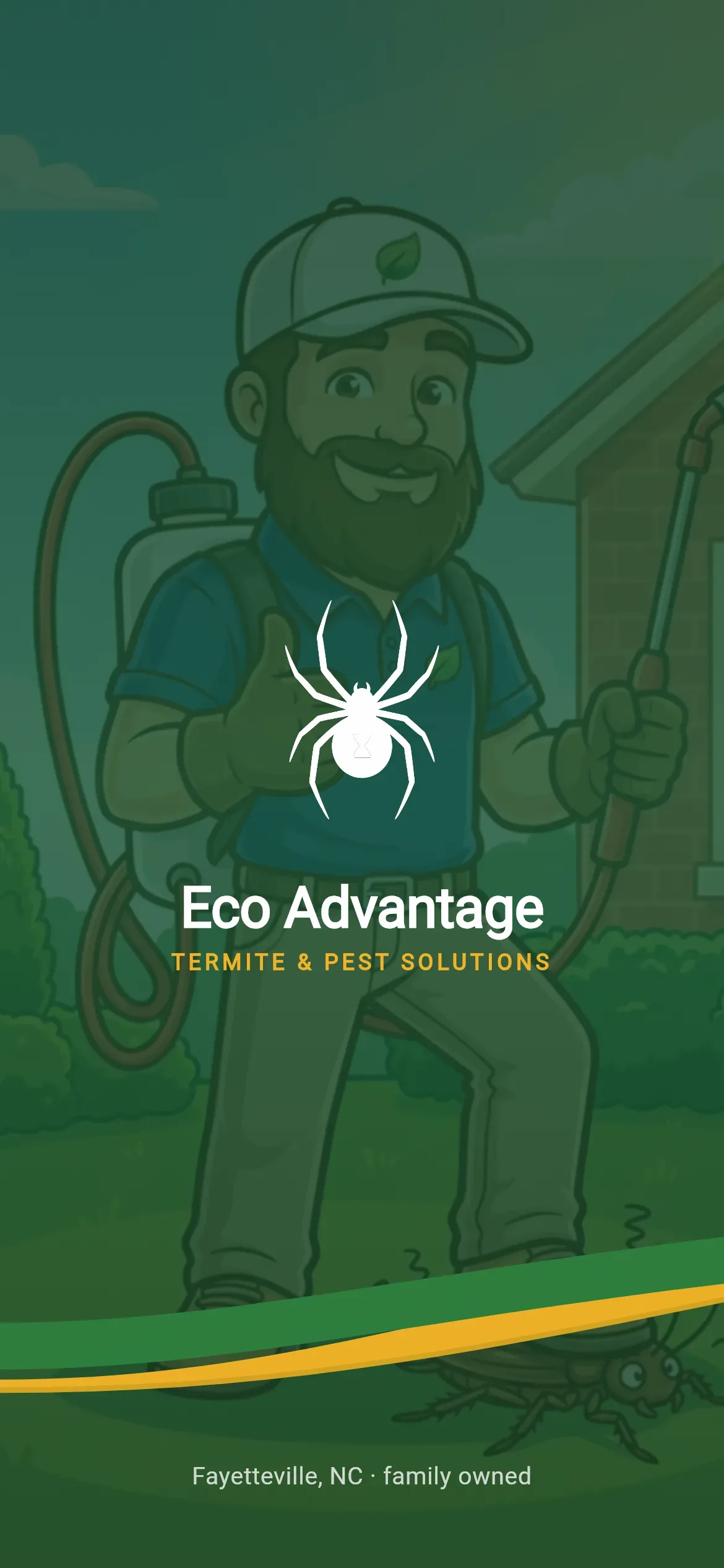 Eco Advantage app splash: the spider mark and Termite & Pest Solutions lockup