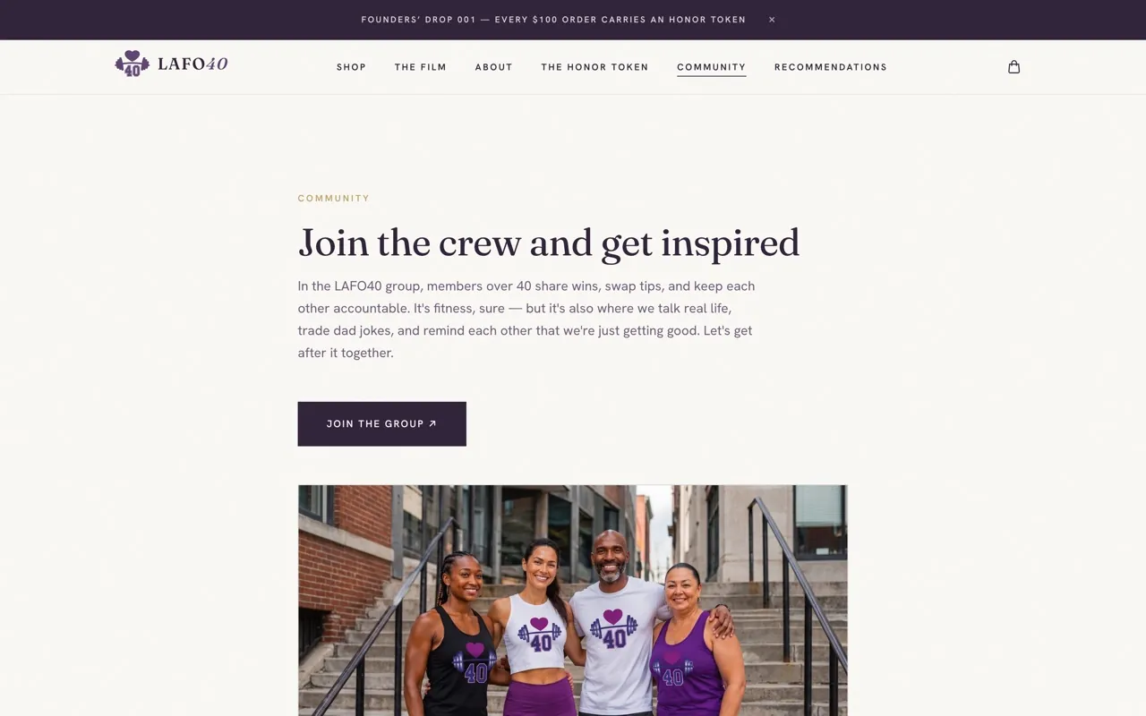 LAFO40 community page headed Nobody builds a next chapter alone