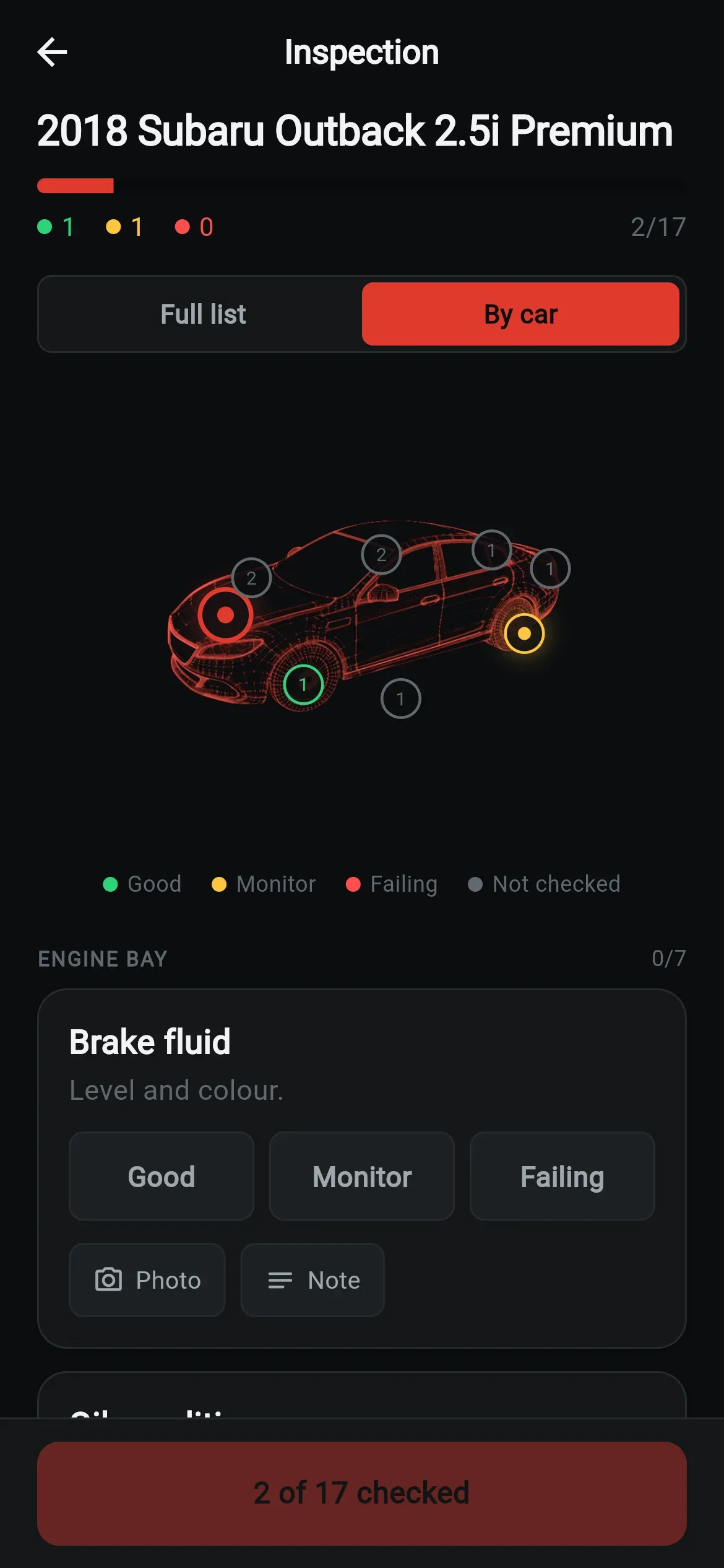Mechanic checklist in by-car mode, rating brake fluid Good, Monitor or Failing