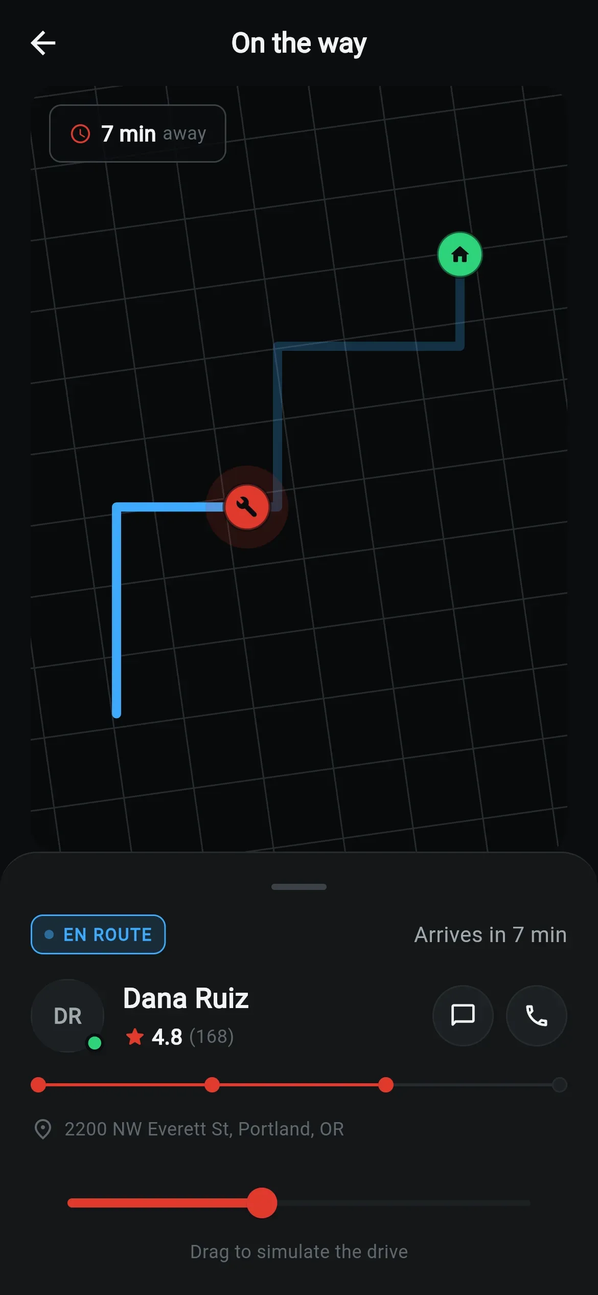 Live tracking: the mechanic's route with a seven-minute arrival time