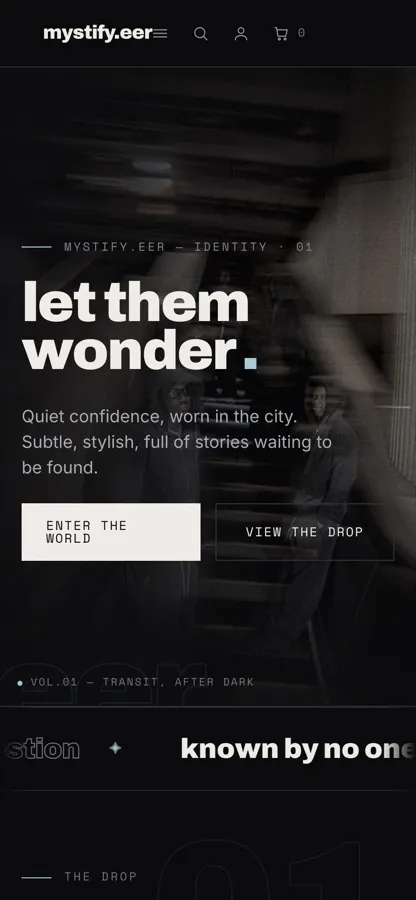 The mystify.eer storefront on a phone, reading let them wonder at mobile width