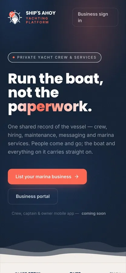 Ship's Ahoy on a phone, with the vessel hero at mobile width