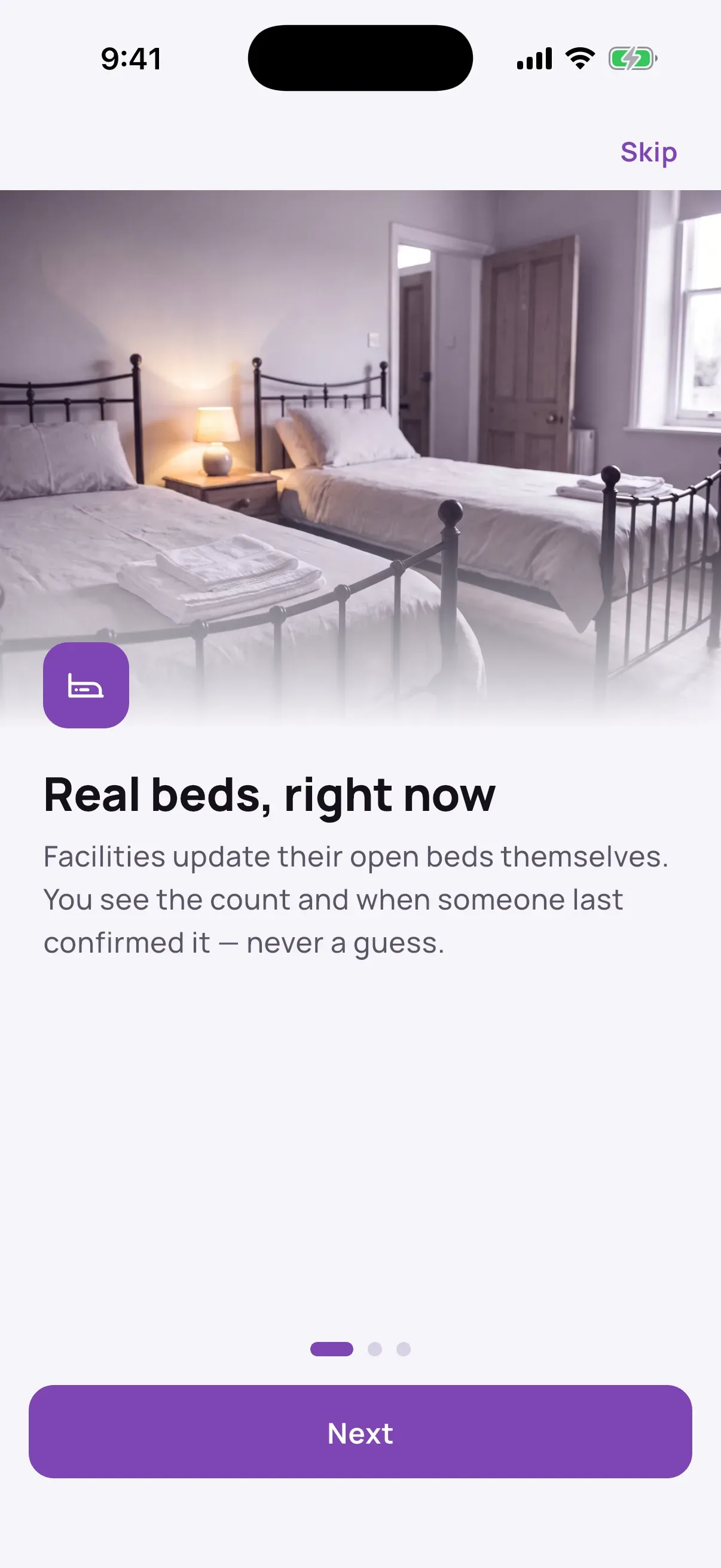 UNDN app onboarding step Real beds, right now