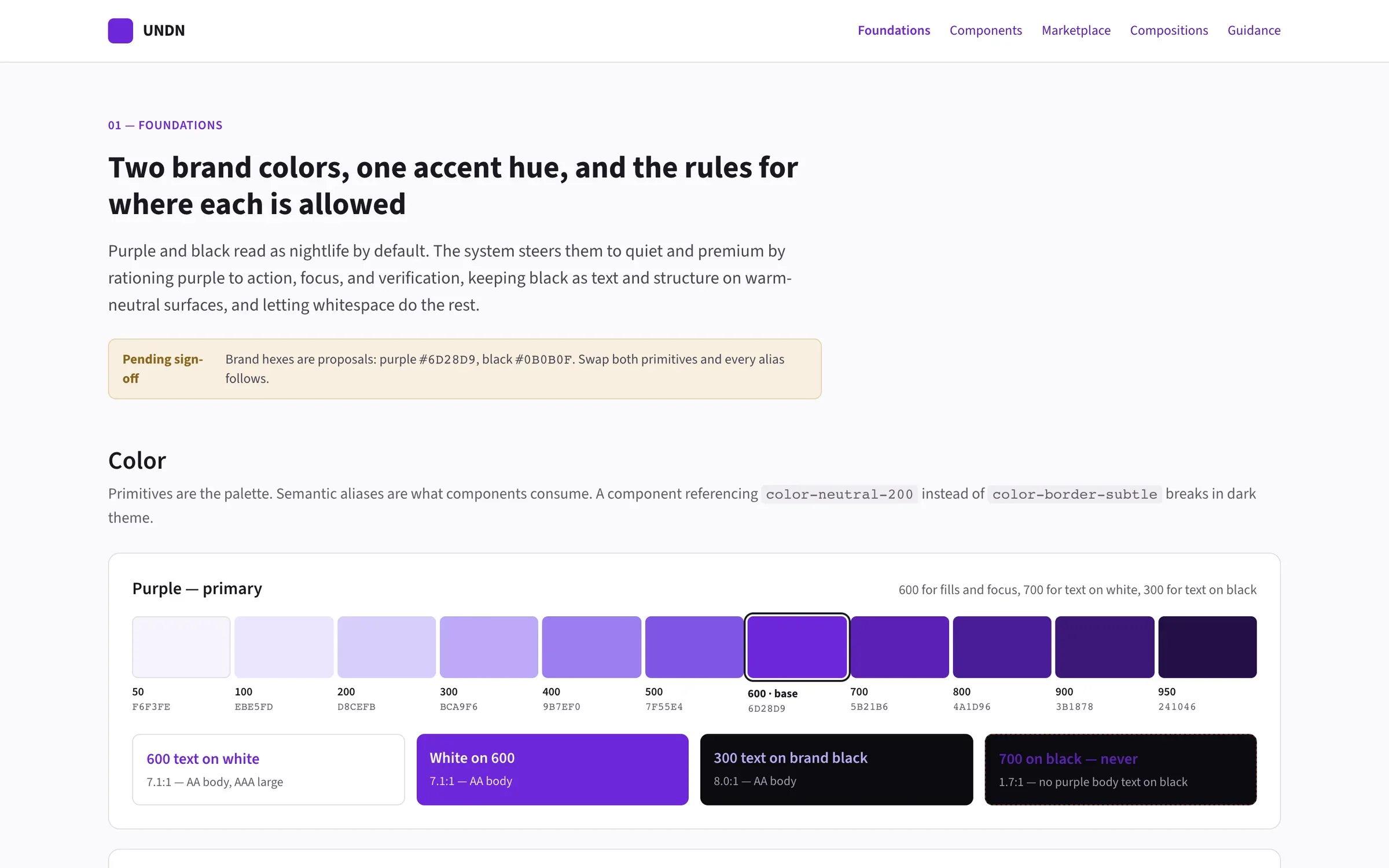 UNDN design system foundations: the purple colour ramp and contrast pairings