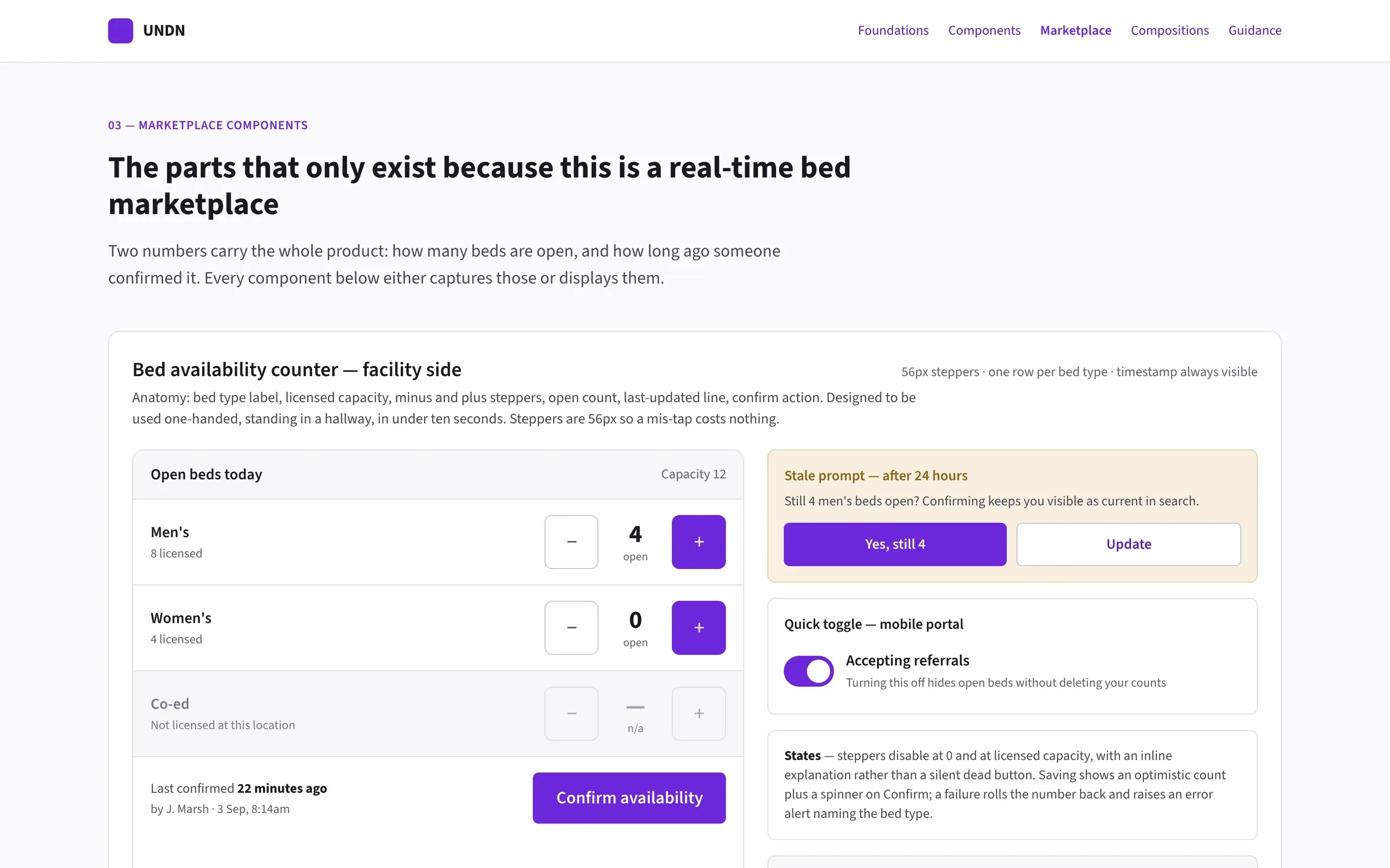 UNDN design system marketplace components: the facility bed counter, stale-count prompt and referrals toggle