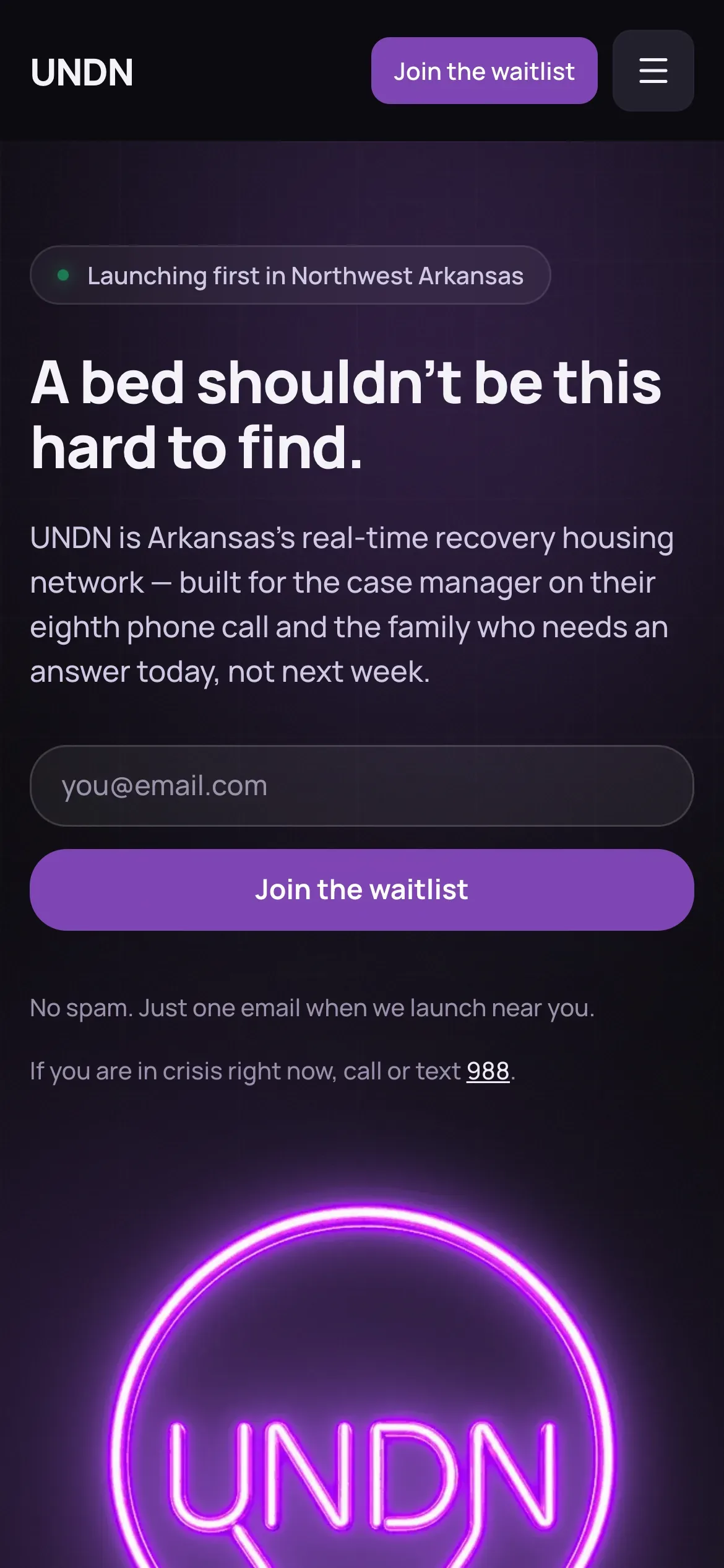 UNDN marketing home page on a phone with the waitlist sign-up
