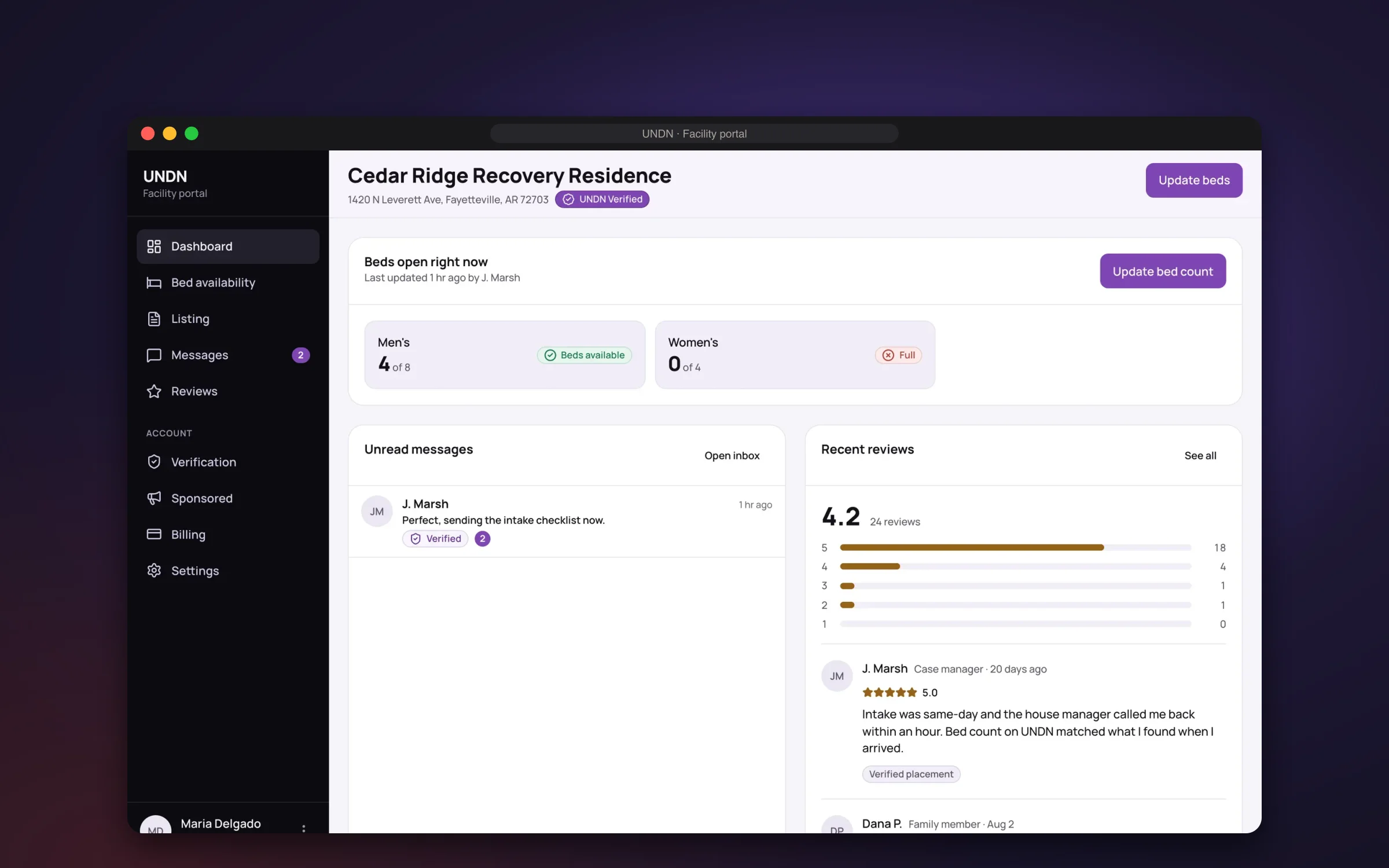 UNDN facility portal dashboard with beds open by room type, unread messages and reviews