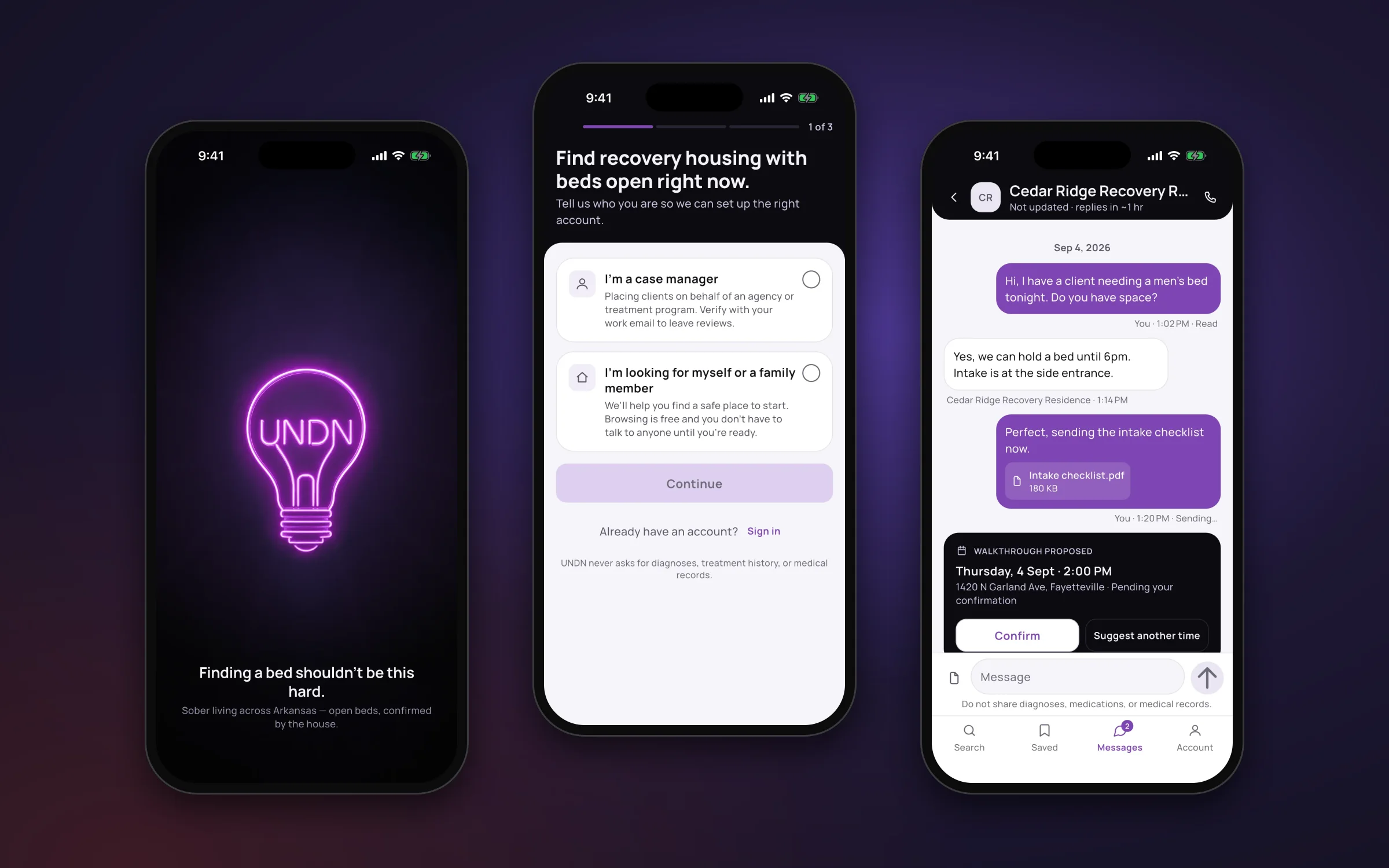 Three UNDN app screens: the neon splash, choosing between case manager and family, and a message thread with a facility