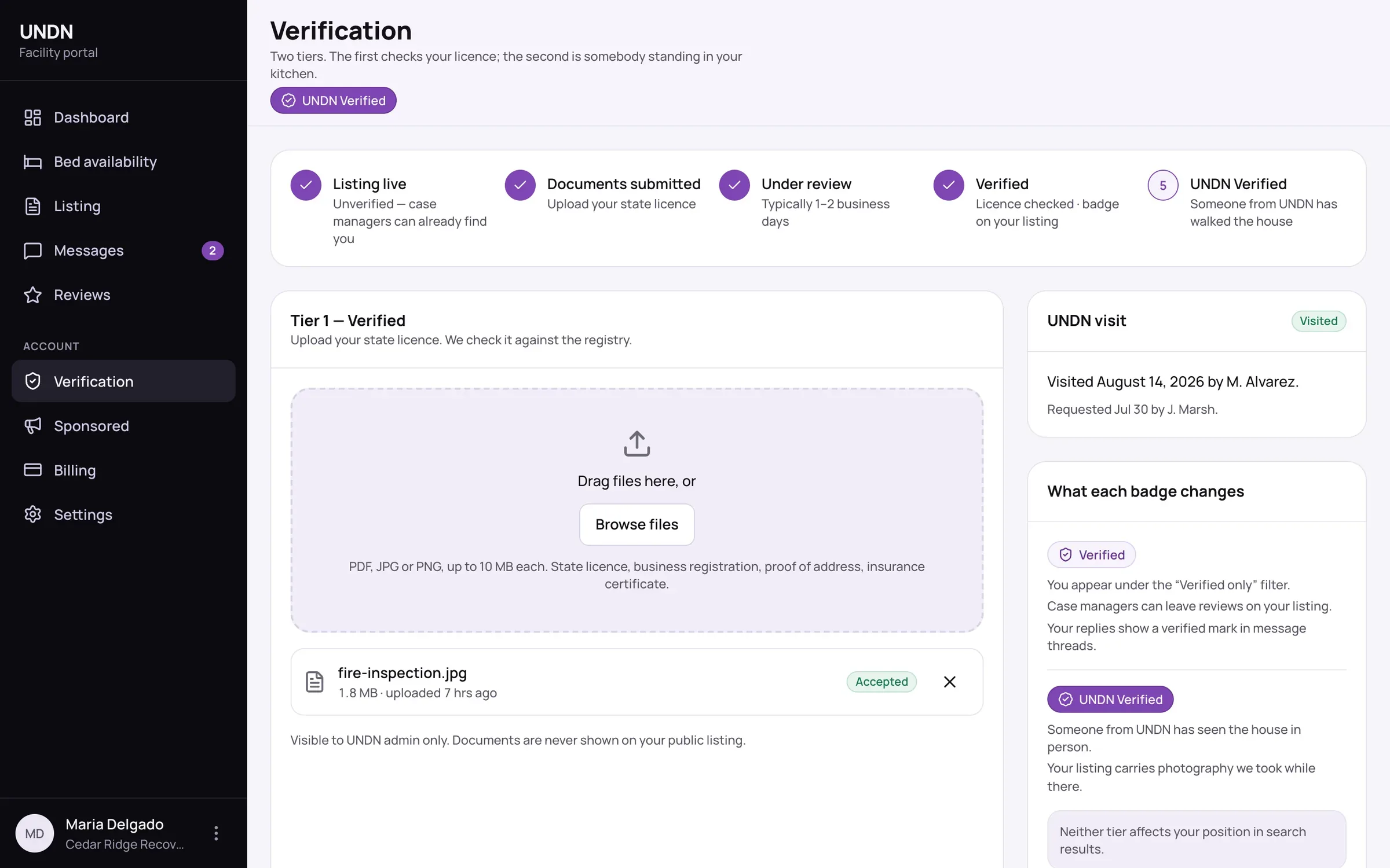 Facility portal verification: a five-step tracker from listing live to UNDN Verified, with document upload