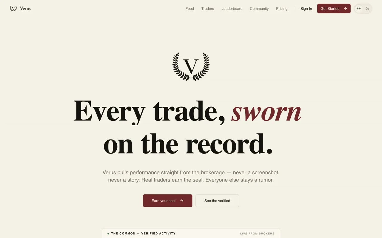Verus home page reading Every trade, sworn on the record, with Earn your seal and See the verified calls to action