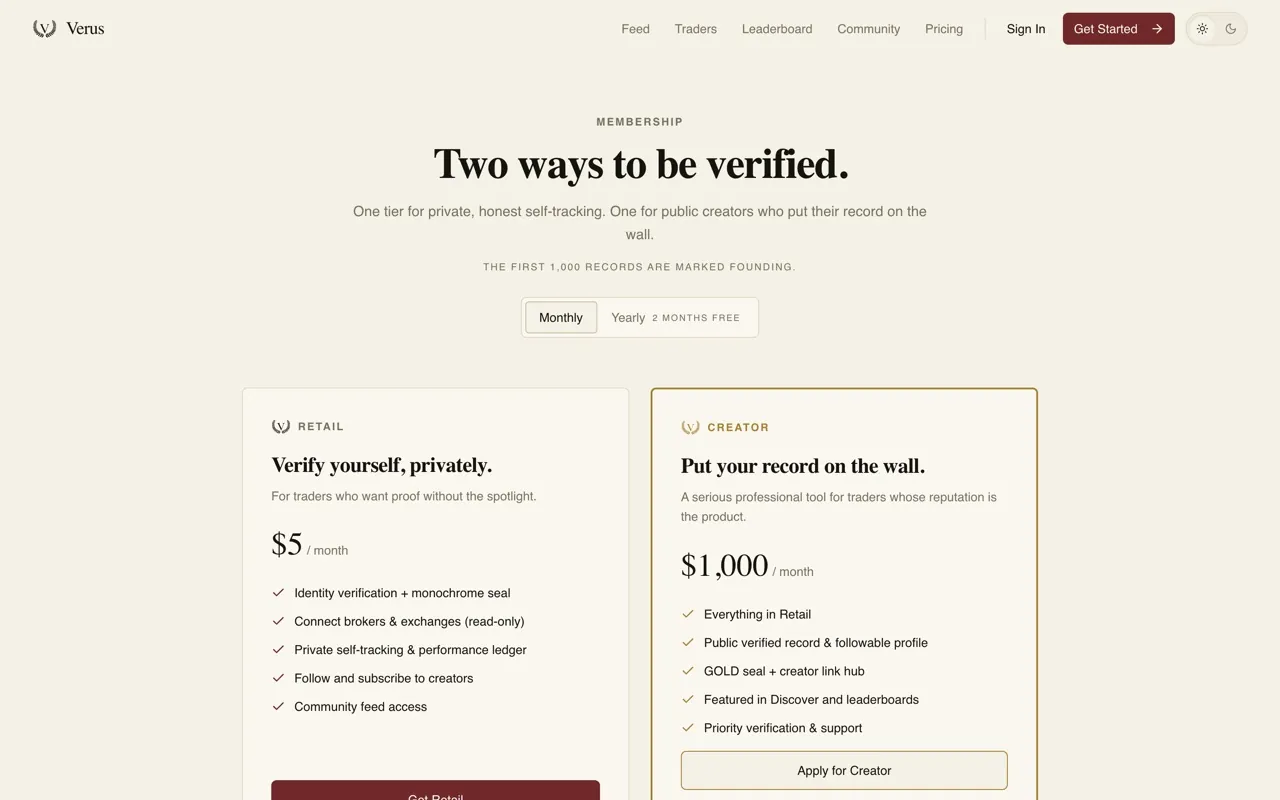Verus pricing page setting out two tiers held to one standard of proof
